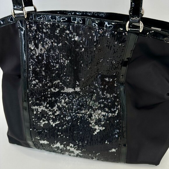 DSW Black Sequin Tote with Patent Trim – 20x15x6, Glam Carryall - Picture 1 of 10